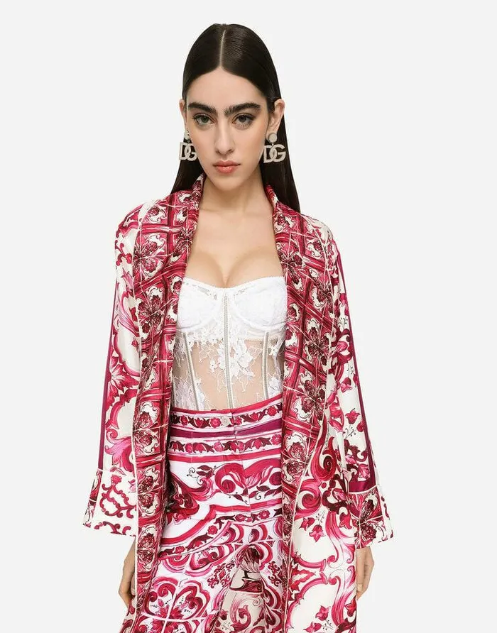 Dolce and Gabbana Coats And Jackets Women Twill Wrap Coat With Belt And Majolica Print Multicolor Dolce and Gabbana Coats And Jackets Women Twill Wrap Coat With Belt And Majolica Print Multicolor