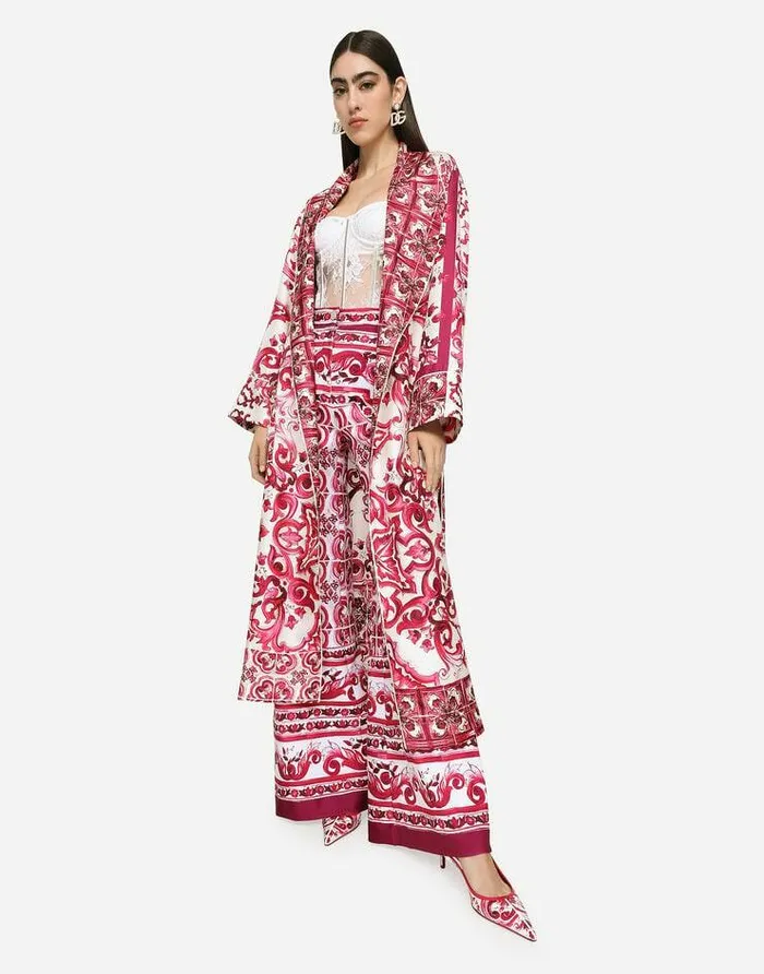 Dolce and Gabbana Coats And Jackets Women Twill Wrap Coat With Belt And Majolica Print Multicolor Dolce and Gabbana Coats And Jackets Women Twill Wrap Coat With Belt And Majolica Print Multicolor