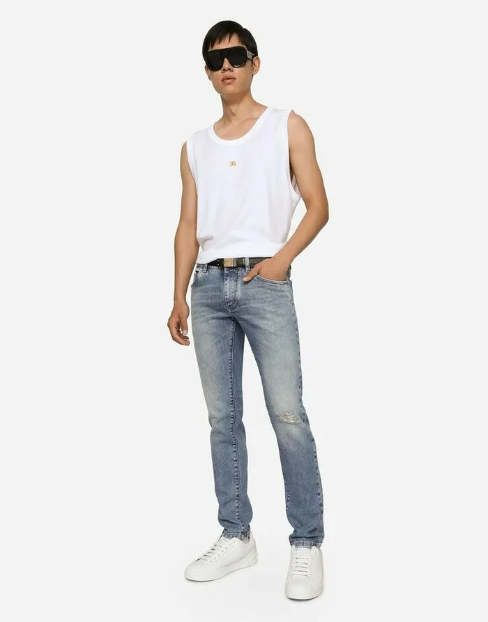 Dolce and Gabbana Denim Men Light Blue Skinny Stretch Jeans With Rips Multicolor Dolce and Gabbana Denim Men Light Blue Skinny Stretch Jeans With Rips Multicolor