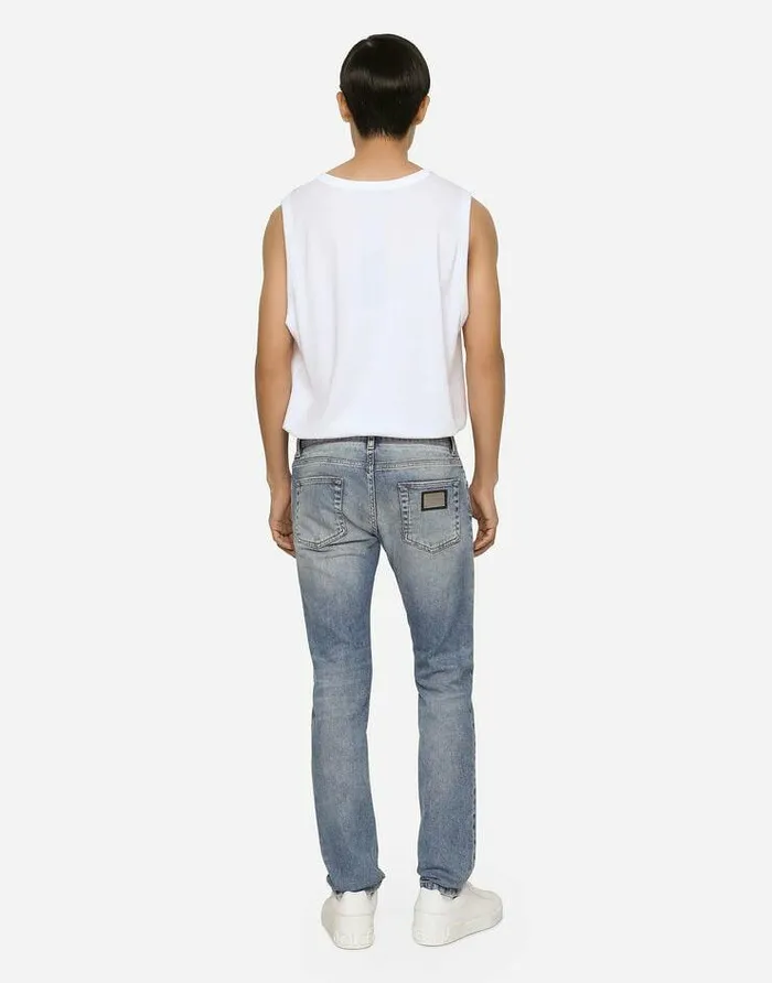 Dolce and Gabbana Denim Men Light Blue Skinny Stretch Jeans With Rips Multicolor Dolce and Gabbana Denim Men Light Blue Skinny Stretch Jeans With Rips Multicolor