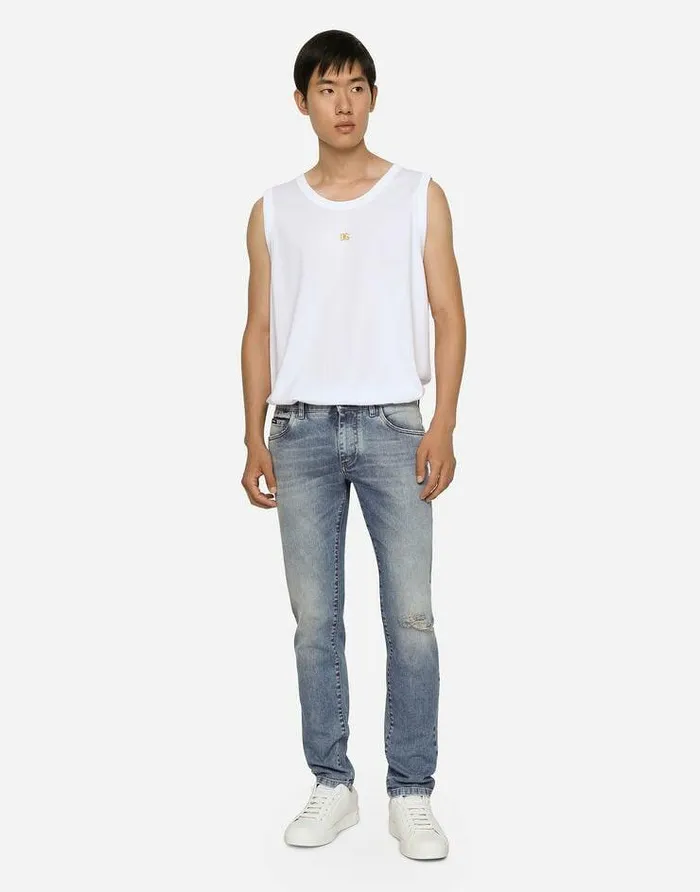 Dolce and Gabbana Denim Men Light Blue Skinny Stretch Jeans With Rips Multicolor Dolce and Gabbana Denim Men Light Blue Skinny Stretch Jeans With Rips Multicolor