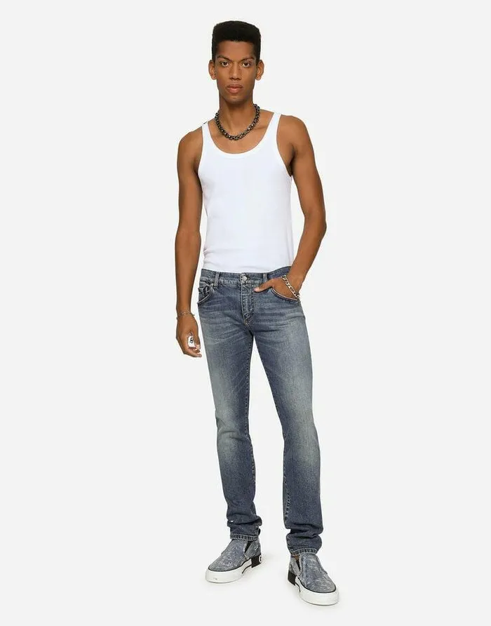 Dolce and Gabbana Denim Men Light Blue Skinny Stretch Jeans With Whiskering Multicolor Dolce and Gabbana Denim Men Light Blue Skinny Stretch Jeans With Whiskering Multicolor
