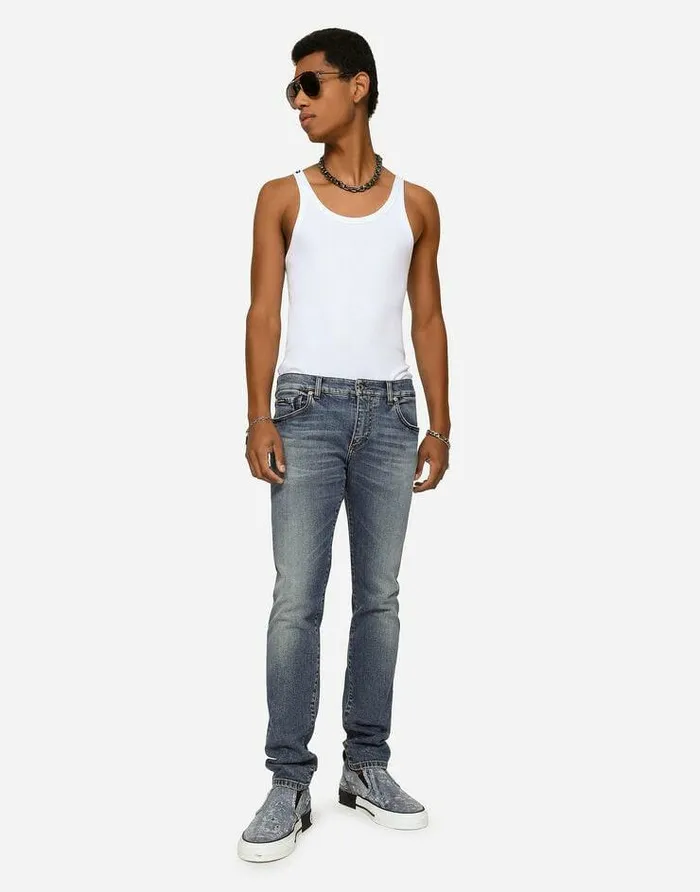 Dolce and Gabbana Denim Men Light Blue Skinny Stretch Jeans With Whiskering Multicolor Dolce and Gabbana Denim Men Light Blue Skinny Stretch Jeans With Whiskering Multicolor