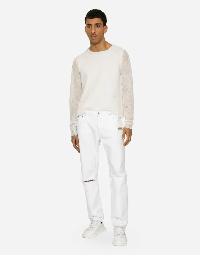 Dolce and Gabbana Denim Men Loose White Jeans With Rips And Abrasions Multicolor Dolce and Gabbana Denim Men Loose White Jeans With Rips And Abrasions Multicolor