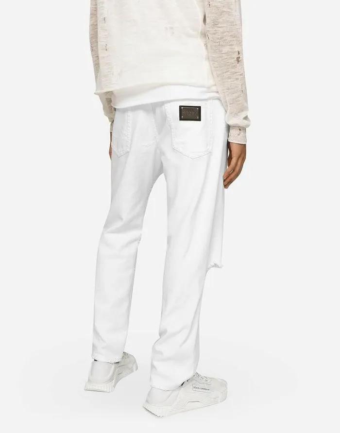 Dolce and Gabbana Denim Men Loose White Jeans With Rips And Abrasions Multicolor Dolce and Gabbana Denim Men Loose White Jeans With Rips And Abrasions Multicolor