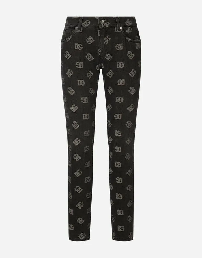 Dolce and Gabbana Denim Men Skinny Stretch Jacquard Jeans With DG Monogram Design Black