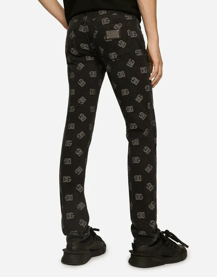Dolce and Gabbana Denim Men Skinny Stretch Jacquard Jeans With DG Monogram Design Black Dolce and Gabbana Denim Men Skinny Stretch Jacquard Jeans With DG Monogram Design Black