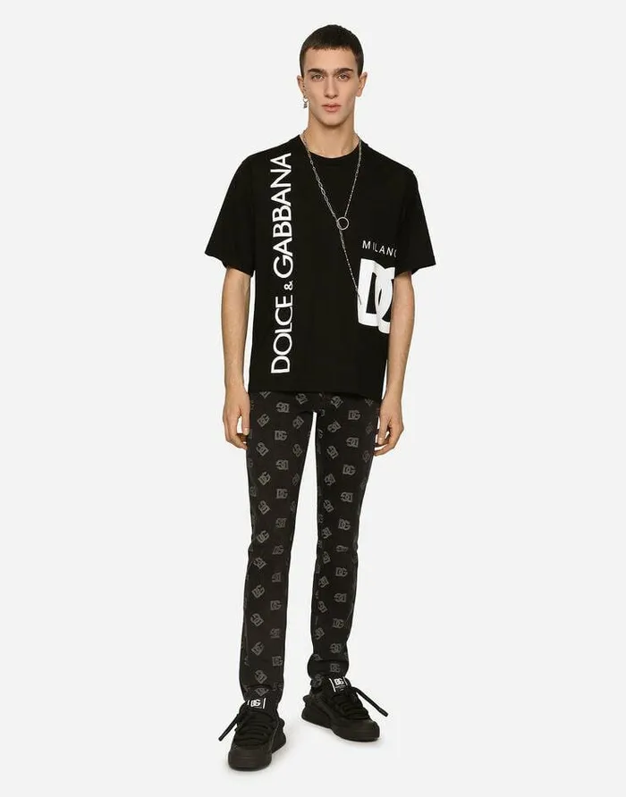 Dolce and Gabbana Denim Men Skinny Stretch Jacquard Jeans With DG Monogram Design Black Dolce and Gabbana Denim Men Skinny Stretch Jacquard Jeans With DG Monogram Design Black