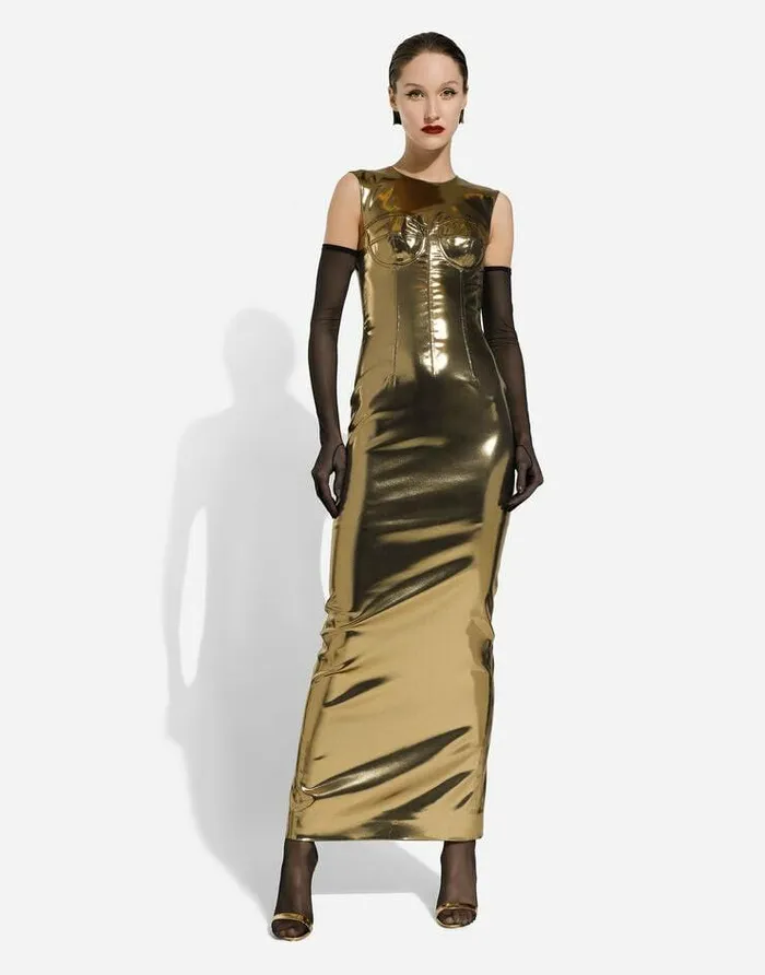 Dolce and Gabbana Dresses Women Long Foiled Satin Corset Dress Gold Dolce and Gabbana Dresses Women Long Foiled Satin Corset Dress Gold