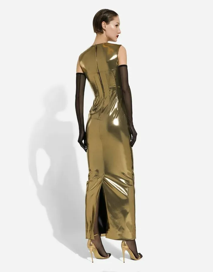 Dolce and Gabbana Dresses Women Long Foiled Satin Corset Dress Gold Dolce and Gabbana Dresses Women Long Foiled Satin Corset Dress Gold