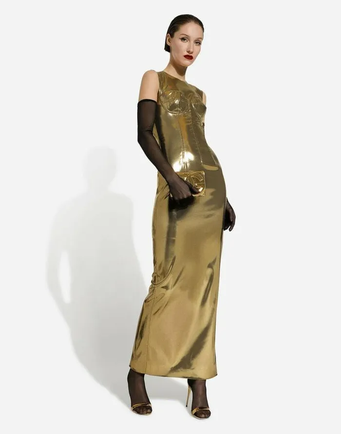 Dolce and Gabbana Dresses Women Long Foiled Satin Corset Dress Gold Dolce and Gabbana Dresses Women Long Foiled Satin Corset Dress Gold