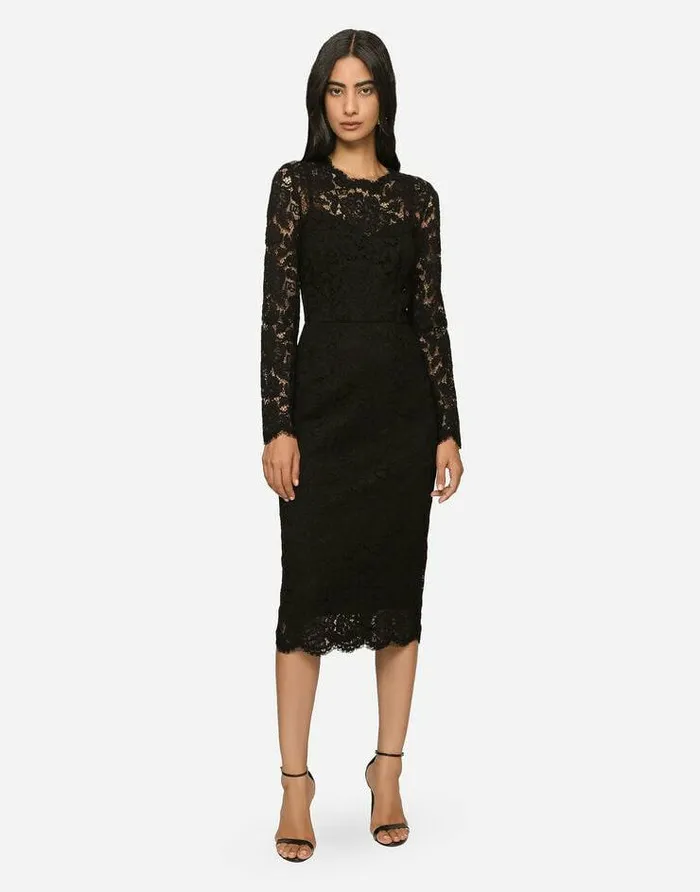 Dolce and Gabbana Dresses Women Longsleeved Calflength Dress In Branded Stretch Lace Black Dolce and Gabbana Dresses Women Longsleeved Calflength Dress In Branded Stretch Lace Black