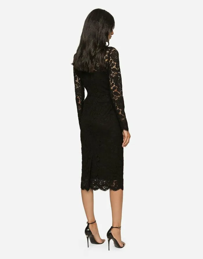 Dolce and Gabbana Dresses Women Longsleeved Calflength Dress In Branded Stretch Lace Black Dolce and Gabbana Dresses Women Longsleeved Calflength Dress In Branded Stretch Lace Black