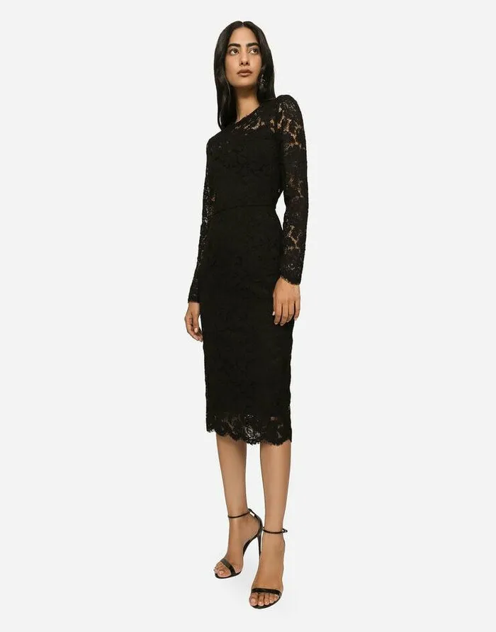 Dolce and Gabbana Dresses Women Longsleeved Calflength Dress In Branded Stretch Lace Black Dolce and Gabbana Dresses Women Longsleeved Calflength Dress In Branded Stretch Lace Black