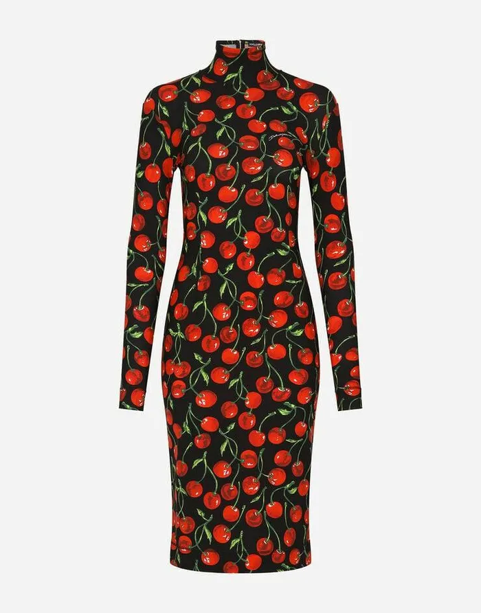 Dolce and Gabbana Dresses Women Longsleeved Jersey Midi Dress With Cherry Print Multicolor Dolce and Gabbana Dresses Women Longsleeved Jersey Midi Dress With Cherry Print Multicolor