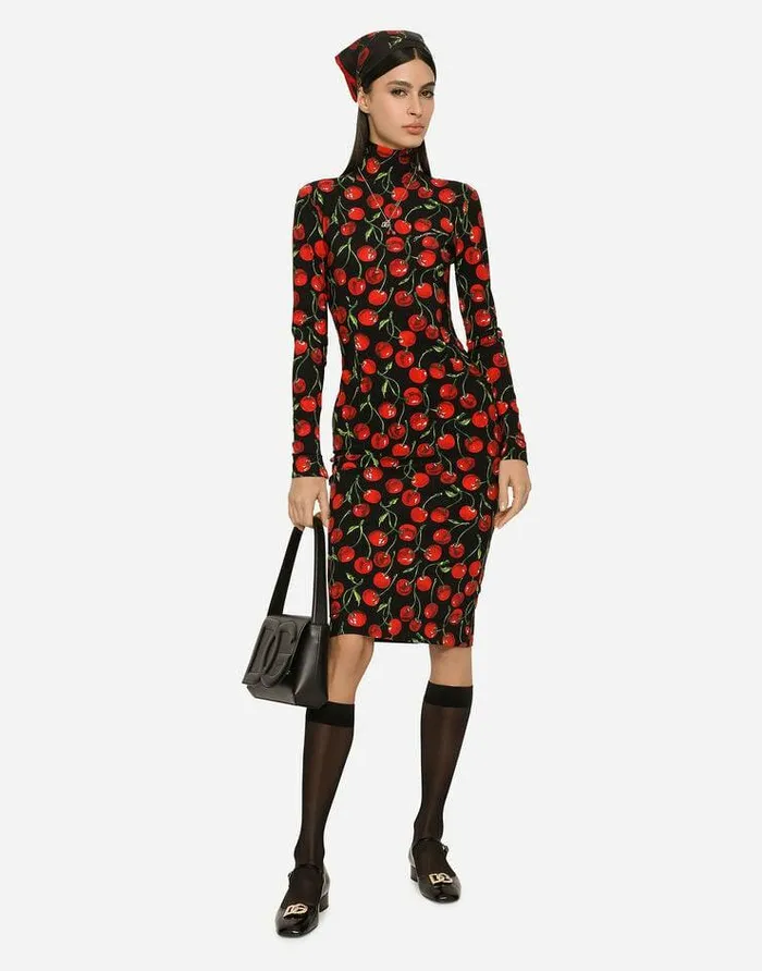 Dolce and Gabbana Dresses Women Longsleeved Jersey Midi Dress With Cherry Print Multicolor Dolce and Gabbana Dresses Women Longsleeved Jersey Midi Dress With Cherry Print Multicolor