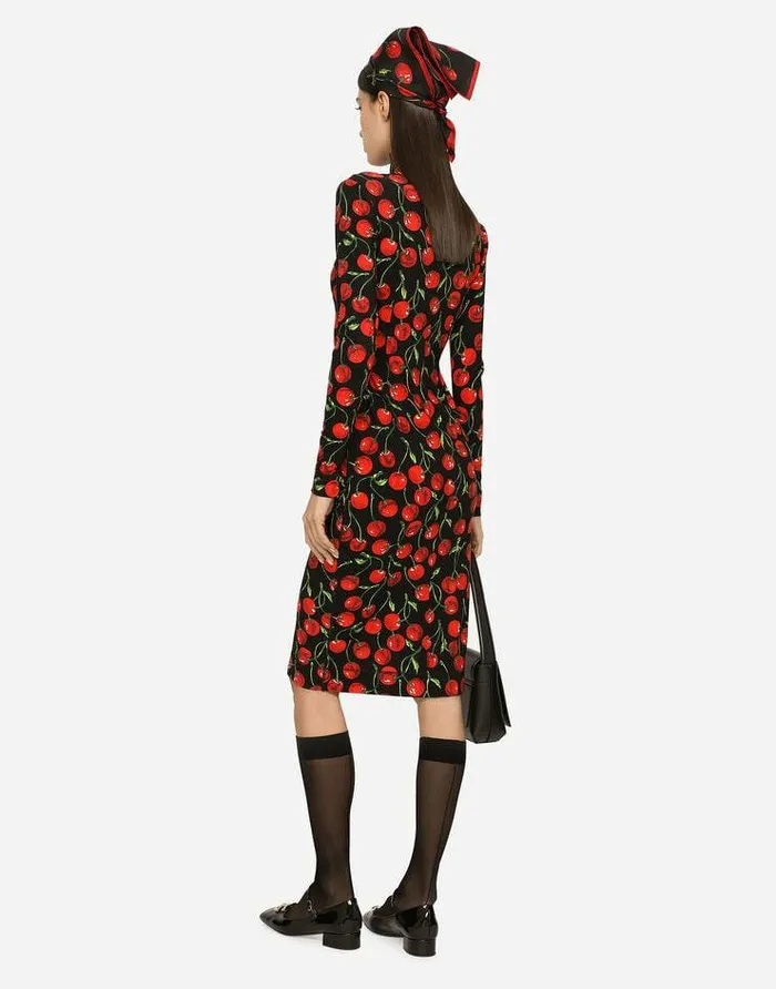 Dolce and Gabbana Dresses Women Longsleeved Jersey Midi Dress With Cherry Print Multicolor Dolce and Gabbana Dresses Women Longsleeved Jersey Midi Dress With Cherry Print Multicolor