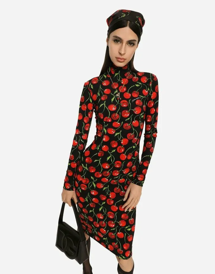 Dolce and Gabbana Dresses Women Longsleeved Jersey Midi Dress With Cherry Print Multicolor Dolce and Gabbana Dresses Women Longsleeved Jersey Midi Dress With Cherry Print Multicolor