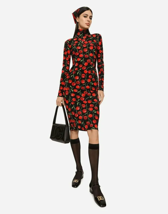 Dolce and Gabbana Dresses Women Longsleeved Jersey Midi Dress With Cherry Print Multicolor Dolce and Gabbana Dresses Women Longsleeved Jersey Midi Dress With Cherry Print Multicolor