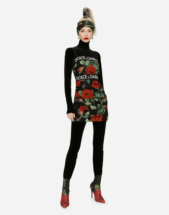 Dolce and Gabbana Dresses Women Short Charmeuse Dress With Red Rose Print Multicolor Dolce and Gabbana Dresses Women Short Charmeuse Dress With Red Rose Print Multicolor