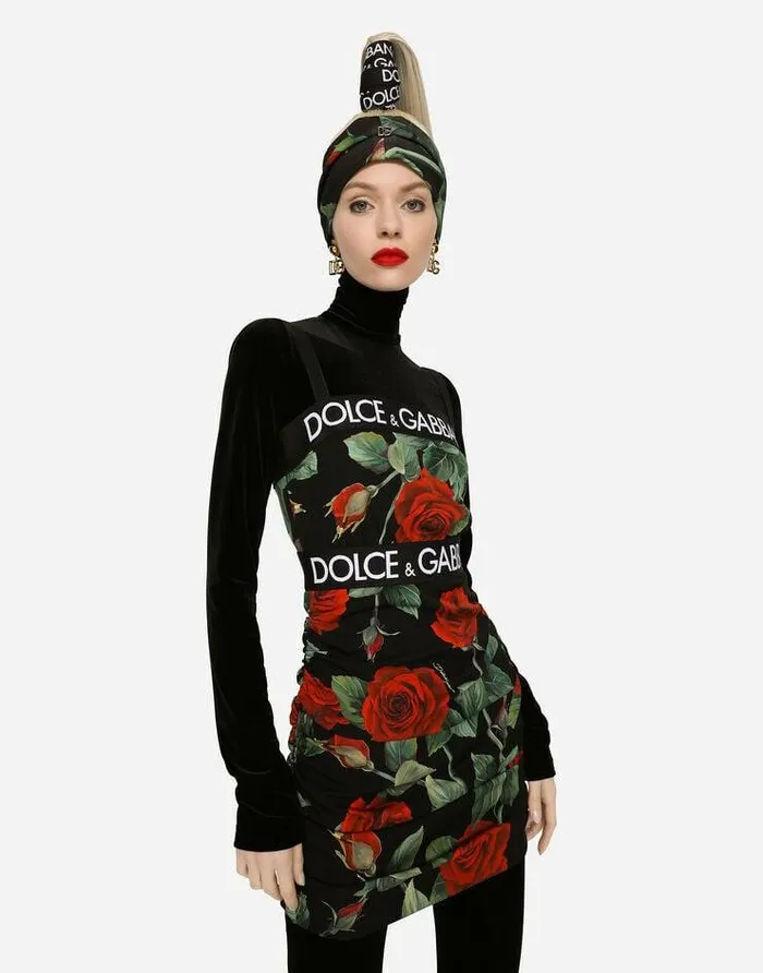 Dolce and Gabbana Dresses Women Short Charmeuse Dress With Red Rose Print Multicolor Dolce and Gabbana Dresses Women Short Charmeuse Dress With Red Rose Print Multicolor