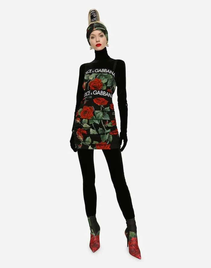 Dolce and Gabbana Dresses Women Short Charmeuse Dress With Red Rose Print Multicolor Dolce and Gabbana Dresses Women Short Charmeuse Dress With Red Rose Print Multicolor