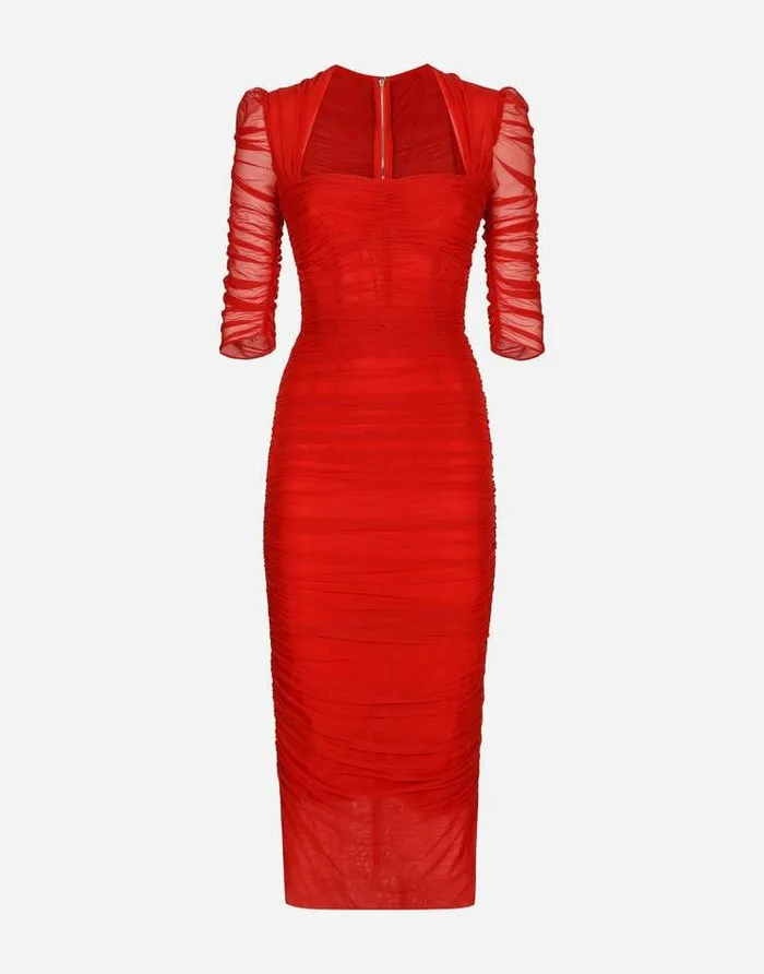 Dolce and Gabbana Dresses Women Tulle Calflength Dress With Draping Red