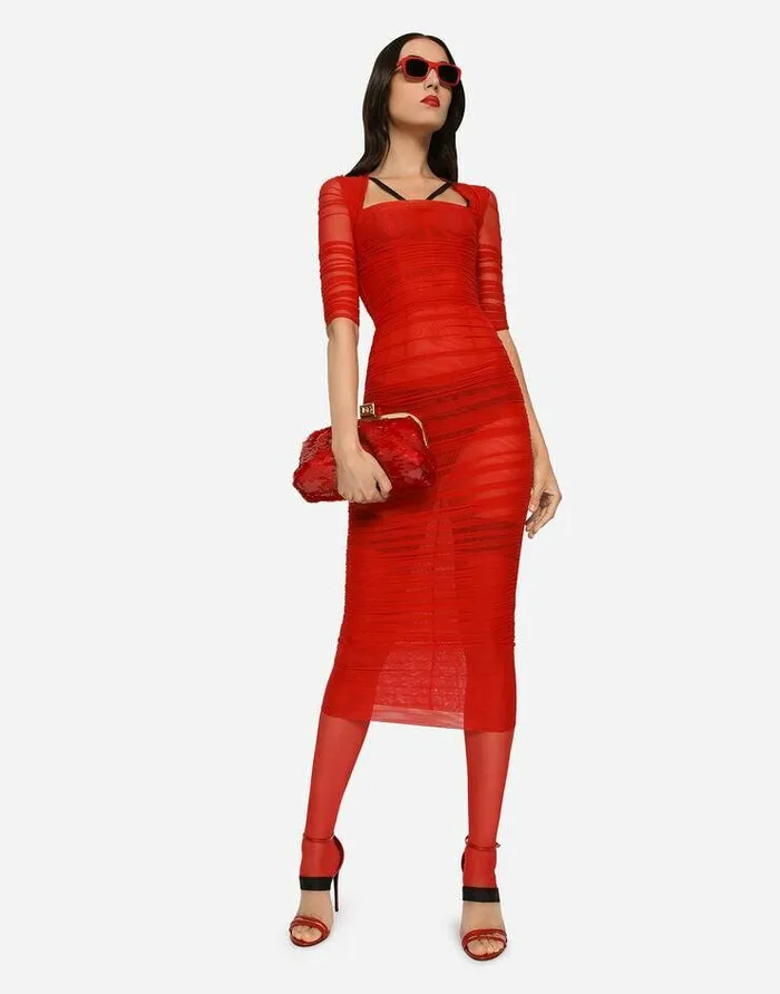 Dolce and Gabbana Dresses Women Tulle Calflength Dress With Draping Red Dolce and Gabbana Dresses Women Tulle Calflength Dress With Draping Red