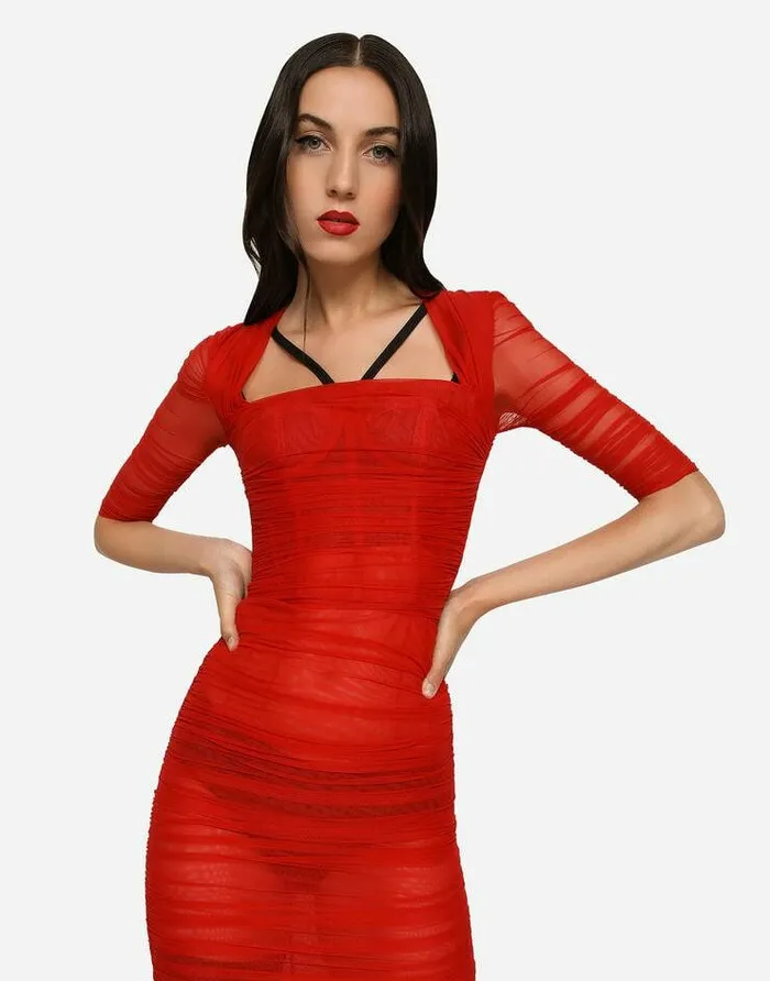 Dolce and Gabbana Dresses Women Tulle Calflength Dress With Draping Red Dolce and Gabbana Dresses Women Tulle Calflength Dress With Draping Red
