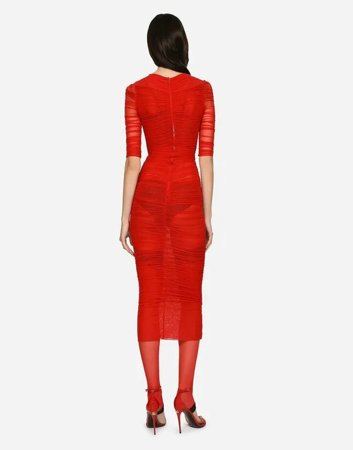 Dolce and Gabbana Dresses Women Tulle Calflength Dress With Draping Red Dolce and Gabbana Dresses Women Tulle Calflength Dress With Draping Red