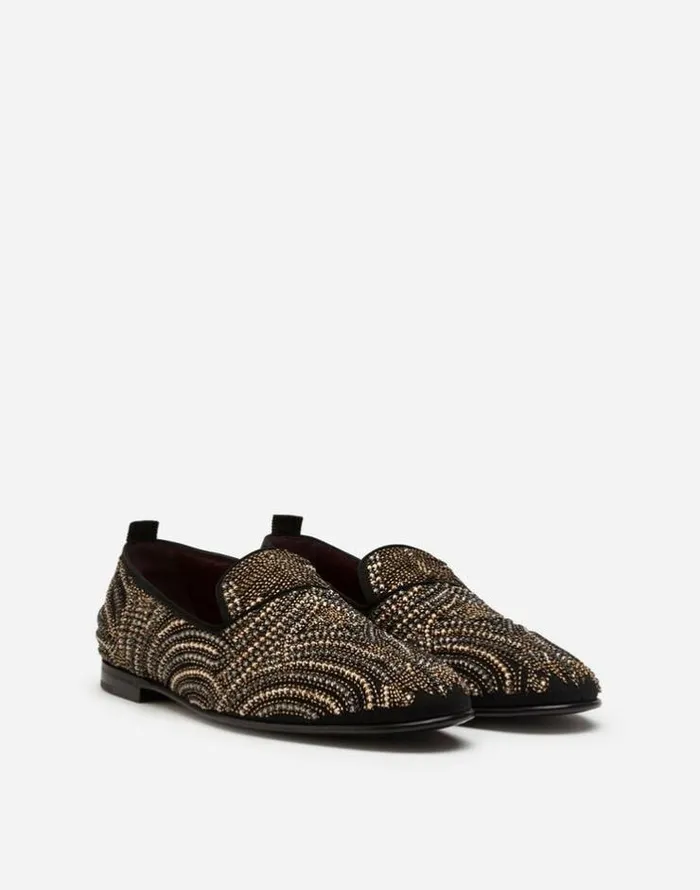 Dolce and Gabbana Loafers And Moccasins Men Slippers With Allover Embroidery Blackgold Dolce and Gabbana Loafers And Moccasins Men Slippers With Allover Embroidery Blackgold