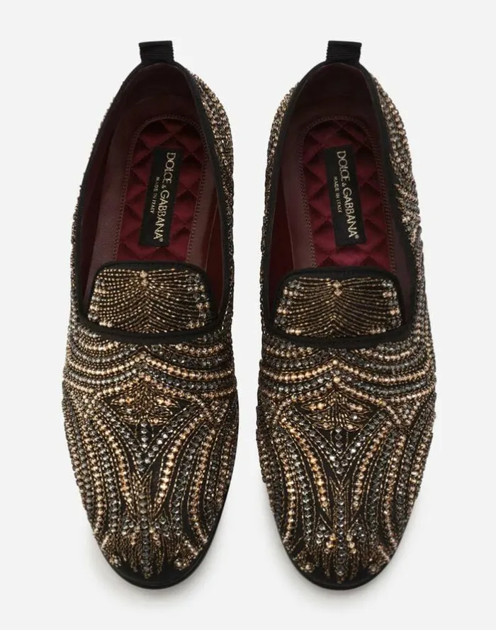 Dolce and Gabbana Loafers And Moccasins Men Slippers With Allover Embroidery Blackgold Dolce and Gabbana Loafers And Moccasins Men Slippers With Allover Embroidery Blackgold