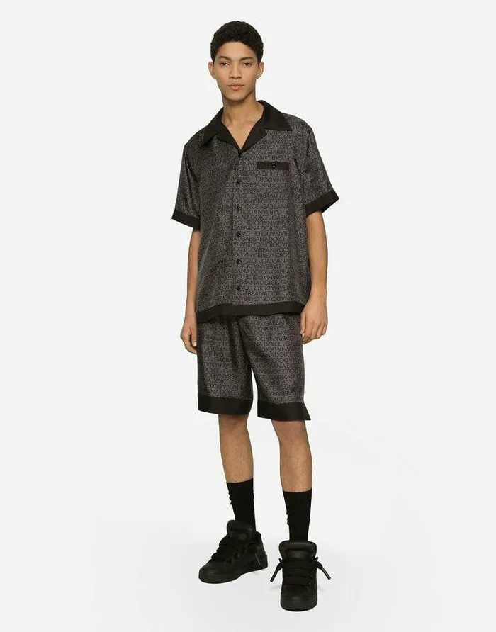 Dolce and Gabbana Mini Me Boy ChildrenMen Silk Twill Hawaiian Shirt With DG Logo Print Grey Dolce and Gabbana Mini Me Boy ChildrenMen Silk Twill Hawaiian Shirt With DG Logo Print Grey