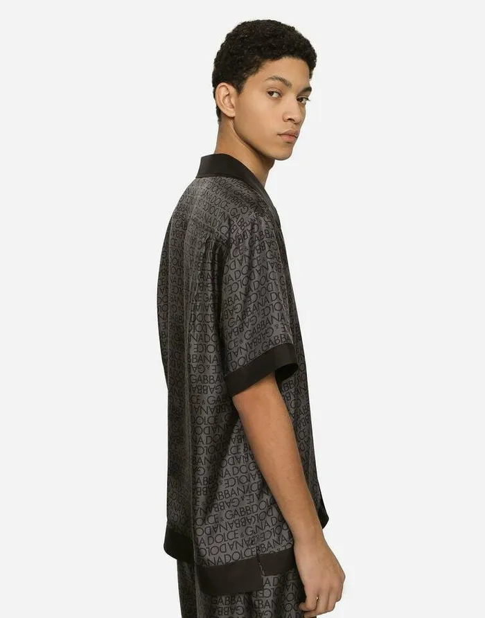 Dolce and Gabbana Mini Me Boy ChildrenMen Silk Twill Hawaiian Shirt With DG Logo Print Grey Dolce and Gabbana Mini Me Boy ChildrenMen Silk Twill Hawaiian Shirt With DG Logo Print Grey