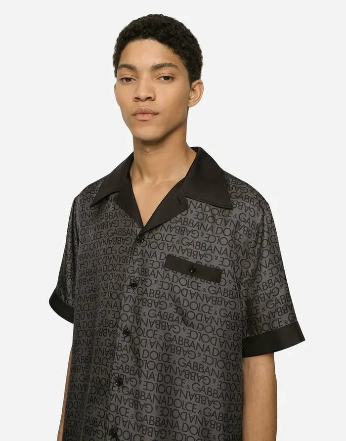 Dolce and Gabbana Mini Me Boy ChildrenMen Silk Twill Hawaiian Shirt With DG Logo Print Grey Dolce and Gabbana Mini Me Boy ChildrenMen Silk Twill Hawaiian Shirt With DG Logo Print Grey