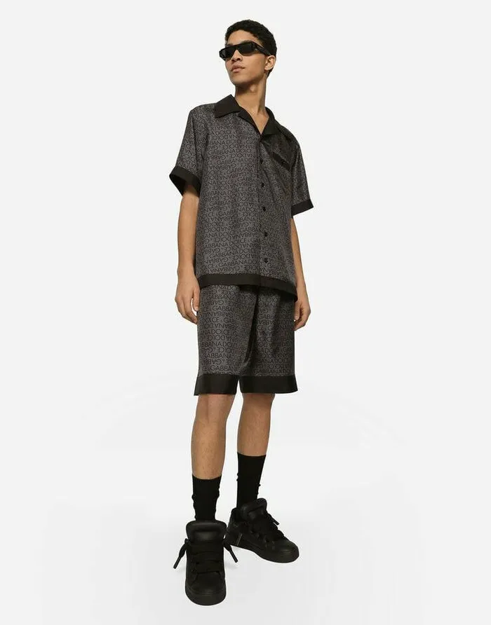 Dolce and Gabbana Mini Me Boy ChildrenMen Silk Twill Hawaiian Shirt With DG Logo Print Grey Dolce and Gabbana Mini Me Boy ChildrenMen Silk Twill Hawaiian Shirt With DG Logo Print Grey