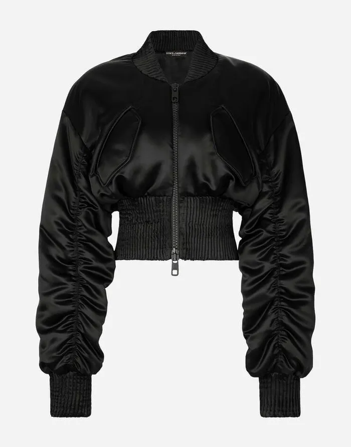 Dolce and Gabbana Mini Me Girl ChildrenWomen Short Duchesse Bomber Jacket With Draped Sleeves Black Dolce and Gabbana Mini Me Girl ChildrenWomen Short Duchesse Bomber Jacket With Draped Sleeves Black