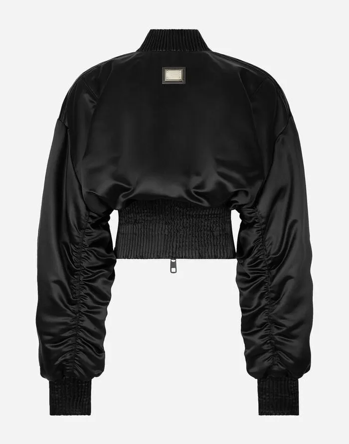 Dolce and Gabbana Mini Me Girl ChildrenWomen Short Duchesse Bomber Jacket With Draped Sleeves Black Dolce and Gabbana Mini Me Girl ChildrenWomen Short Duchesse Bomber Jacket With Draped Sleeves Black