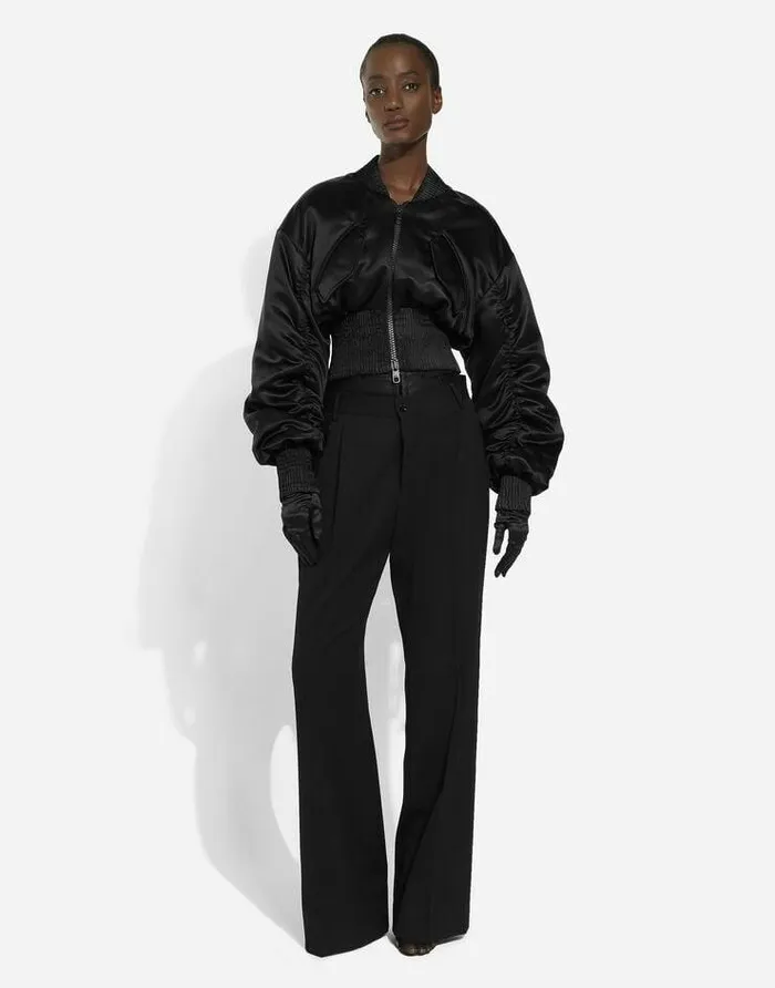 Dolce and Gabbana Mini Me Girl ChildrenWomen Short Duchesse Bomber Jacket With Draped Sleeves Black Dolce and Gabbana Mini Me Girl ChildrenWomen Short Duchesse Bomber Jacket With Draped Sleeves Black