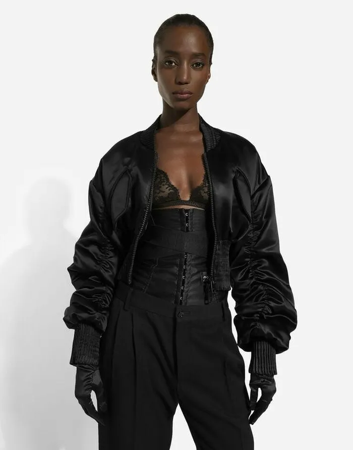 Dolce and Gabbana Mini Me Girl ChildrenWomen Short Duchesse Bomber Jacket With Draped Sleeves Black Dolce and Gabbana Mini Me Girl ChildrenWomen Short Duchesse Bomber Jacket With Draped Sleeves Black
