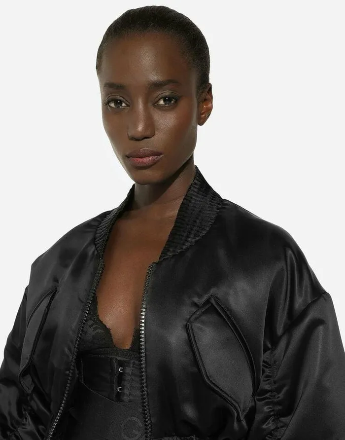 Dolce and Gabbana Mini Me Girl ChildrenWomen Short Duchesse Bomber Jacket With Draped Sleeves Black Dolce and Gabbana Mini Me Girl ChildrenWomen Short Duchesse Bomber Jacket With Draped Sleeves Black