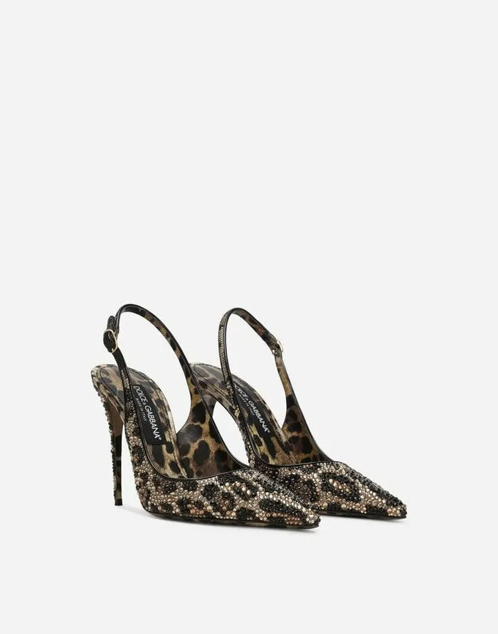 Dolce and Gabbana Pumps And Slingback Women Satin Slingbacks With Fusible Rhinestones Animal Print Dolce and Gabbana Pumps And Slingback Women Satin Slingbacks With Fusible Rhinestones Animal Print