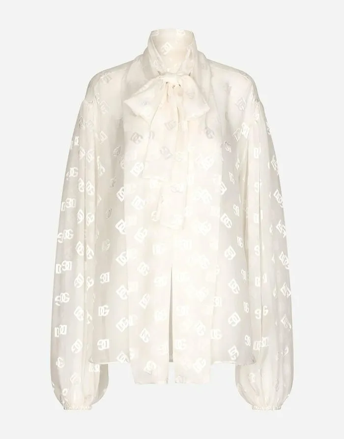 Dolce and Gabbana Shirts And Tops Women Devor Satin Pussybow Shirt With Allover DG Logo White Dolce and Gabbana Shirts And Tops Women Devor Satin Pussybow Shirt With Allover DG Logo White
