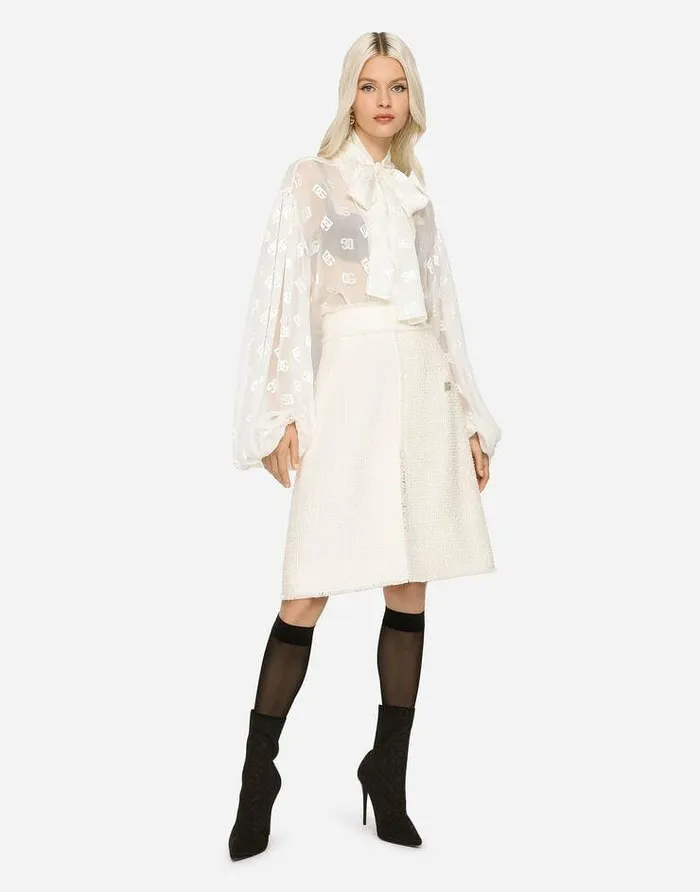 Dolce and Gabbana Shirts And Tops Women Devor Satin Pussybow Shirt With Allover DG Logo White Dolce and Gabbana Shirts And Tops Women Devor Satin Pussybow Shirt With Allover DG Logo White