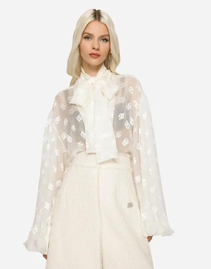 Dolce and Gabbana Shirts And Tops Women Devor Satin Pussybow Shirt With Allover DG Logo White Dolce and Gabbana Shirts And Tops Women Devor Satin Pussybow Shirt With Allover DG Logo White