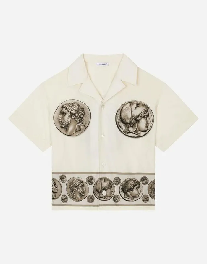Dolce and Gabbana Shirts Children Shortsleeved Poplin Shirt With Coin Print White Dolce and Gabbana Shirts Children Shortsleeved Poplin Shirt With Coin Print White