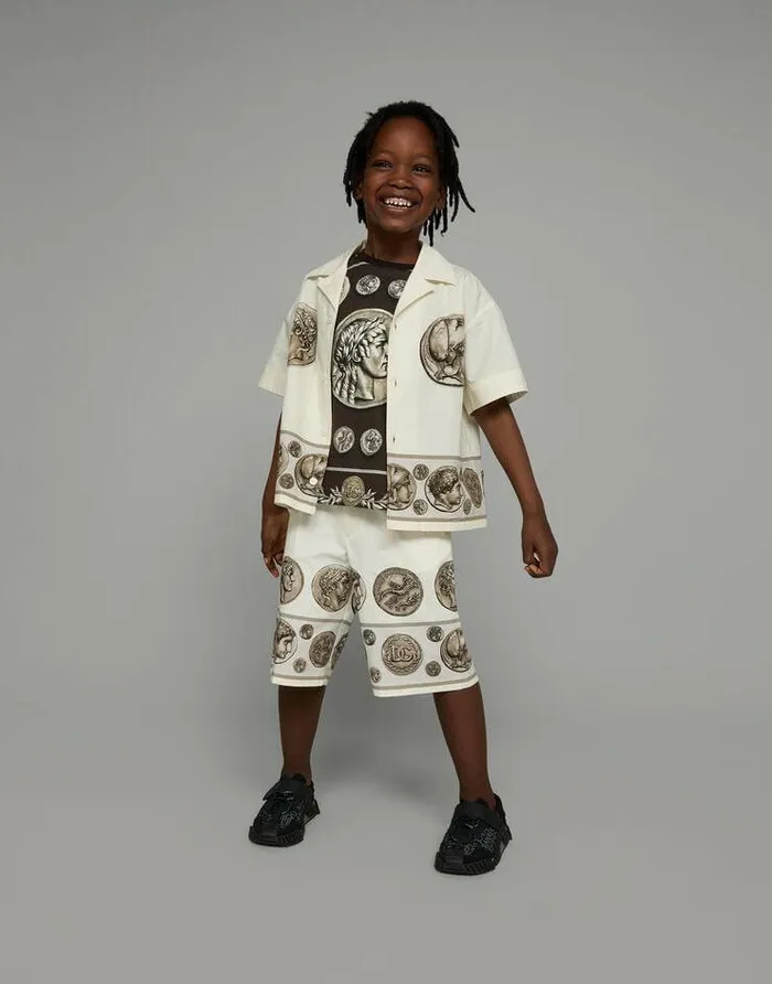 Dolce and Gabbana Shirts Children Shortsleeved Poplin Shirt With Coin Print White Dolce and Gabbana Shirts Children Shortsleeved Poplin Shirt With Coin Print White