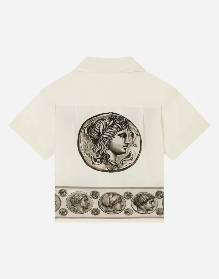 Dolce and Gabbana Shirts Children Shortsleeved Poplin Shirt With Coin Print White Dolce and Gabbana Shirts Children Shortsleeved Poplin Shirt With Coin Print White