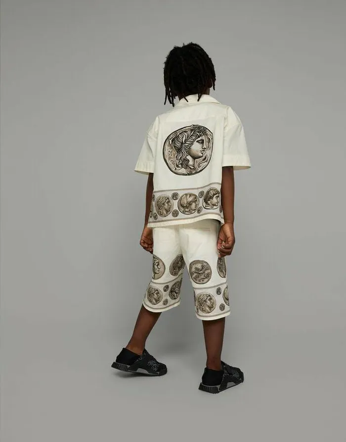 Dolce and Gabbana Shirts Children Shortsleeved Poplin Shirt With Coin Print White Dolce and Gabbana Shirts Children Shortsleeved Poplin Shirt With Coin Print White