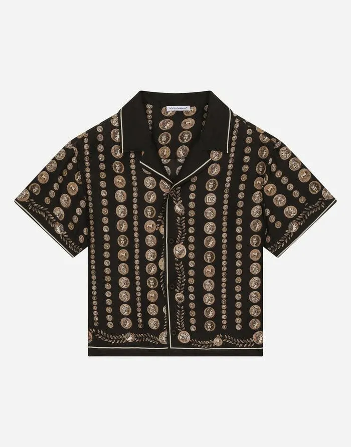 Dolce and Gabbana Shirts Children Shortsleeved Silk Shirt With Coin Print Brown Dolce and Gabbana Shirts Children Shortsleeved Silk Shirt With Coin Print Brown